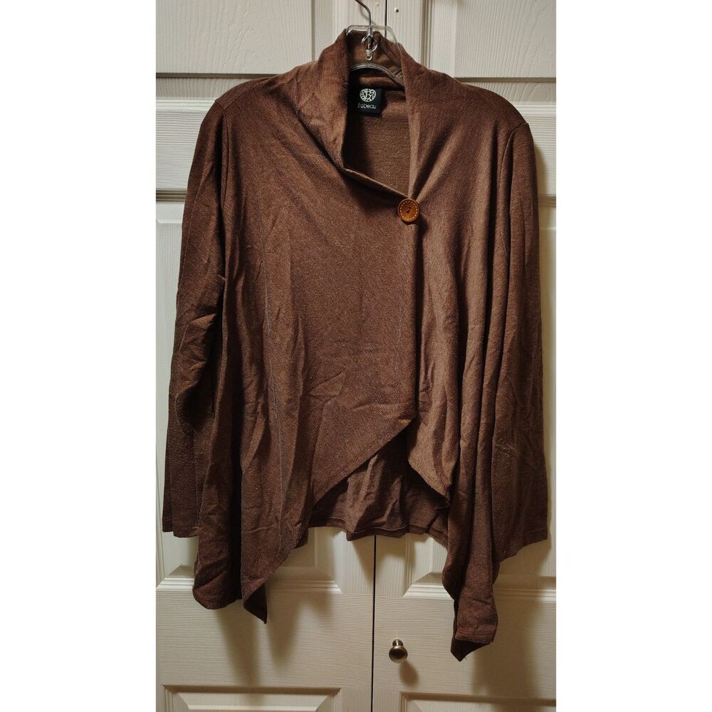 Bobeau Brown Fleece One-Button Wrap Cardigan Sweater Draped Jacket Large